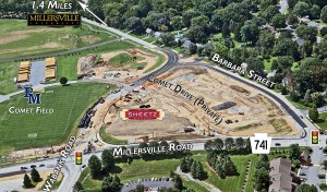 The photo above shows the construction of the Millersville Commons and the Sheetz being built next to Penn Manor's athletic fields. Both Comet Drive and Wabank Road have been extended to Millersville Road (741). Barbara Street has been altered to connect with Wabank Road. Comet Drive splits the Sheetz from where the Millersville Commons is going to be. (Photo provided)